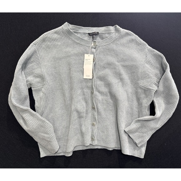 Eileen Fisher Cotton Chenille Crewneck Cardigan Frost Blue Size Medium NEW - Picture 4 of 6